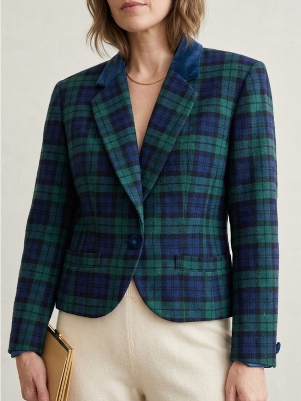 PENDLETON Black Watch Plaid Wool Velvet Collar Cropped Blazer
